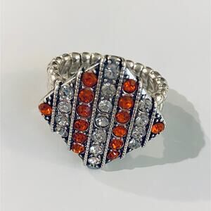 Orange and Clear Crystal Silver Stretch Ring